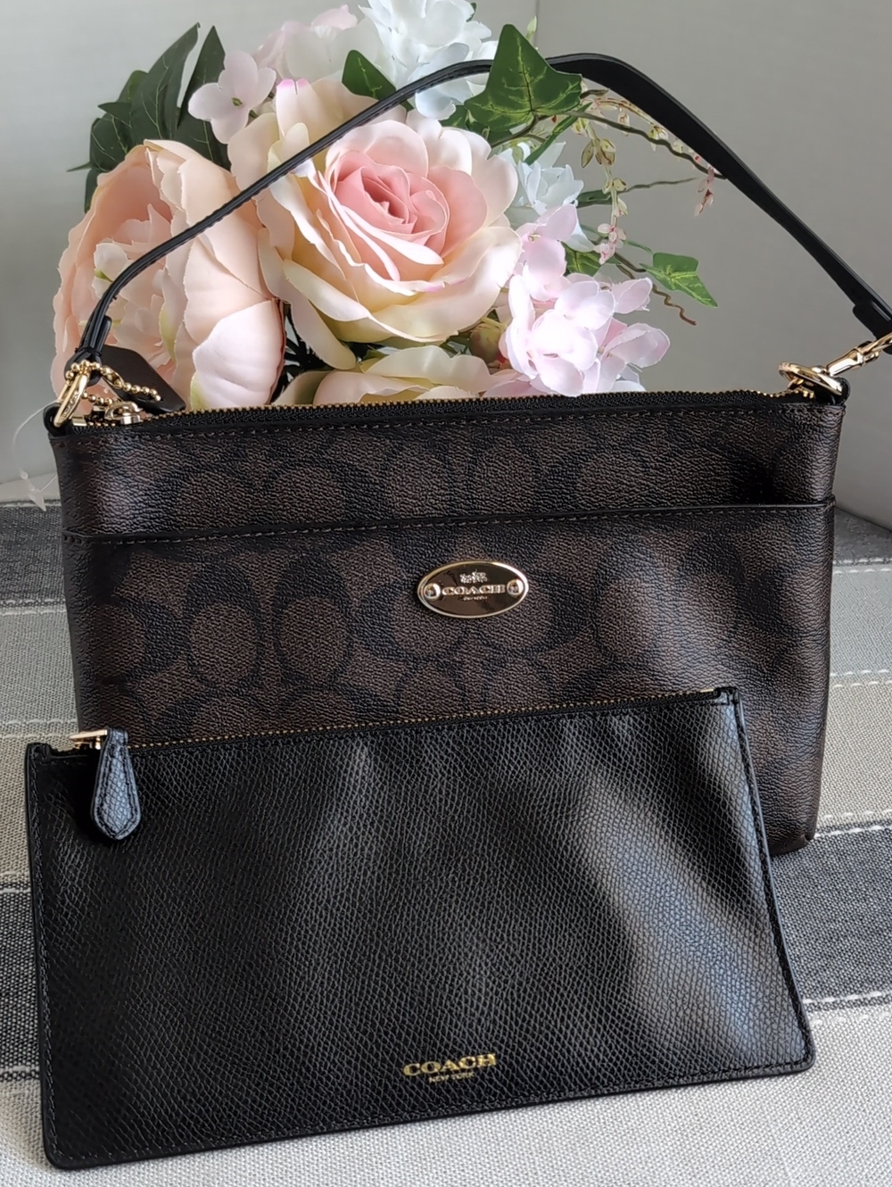 Coach Brown Signature Leather Wristlet w/ Black Leather Pouch